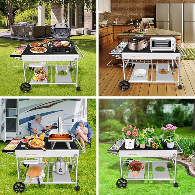 Pizza Oven Table with Topping Station, Outdoor Pizza Oven Cart, Grill Table for Outside, Grill Cart, Food Prep Work cart Fits for Ninja Woodfire Grill, Blackstone Griddle,Tabletop Grill