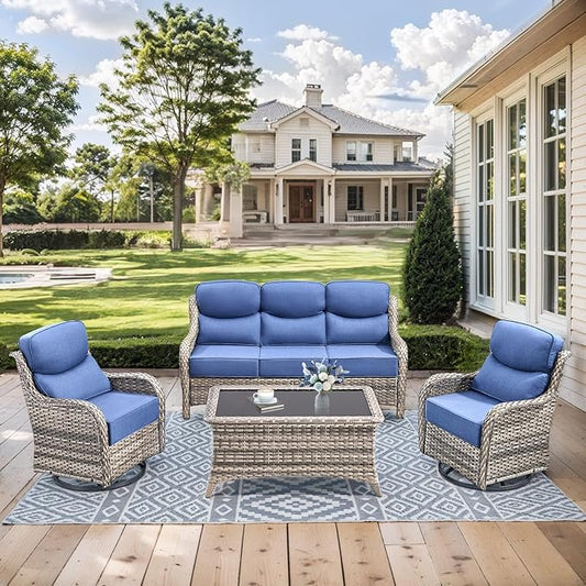 HUMMUH 6 inch Thick Cushion Wicker Patio Furniture Set with Outdoor Swivel Rocker Patio Chairs,High Back Outdoor Couch and Coffee Table for Porch Garden Deck