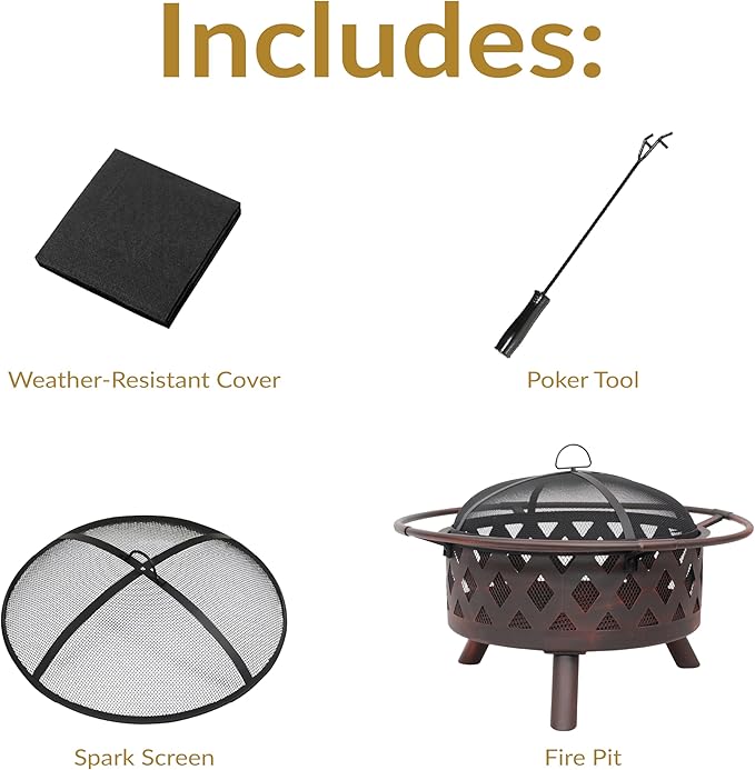Sunnydaze Crossweave Outdoor Fire Pit - Wood-Burning Fire Pit for Outside with Spark Screen, Poker and Round Cover - 30-Inch - Bronze