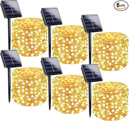 Solar String Lights Outdoor, 6 Pack Each 100 LED Solar Christmas Lights Outside Waterproof Copper Wire with 8 Modes Solar Fairy Twinkle Lights for Garden Yard Tree Wedding Christmas Decor (Warm White)