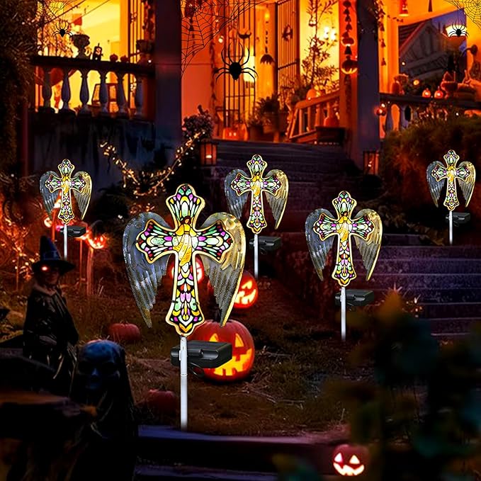 YJFWAL Solar Glass Cross Garden Stake Light, Cemetery Decorations for Grave Outdoor Lights, Jesus Cross Angel Wings Sympathy Memorial Gifts, for Easter Halloween Garden Lawn Yard Patio Decor