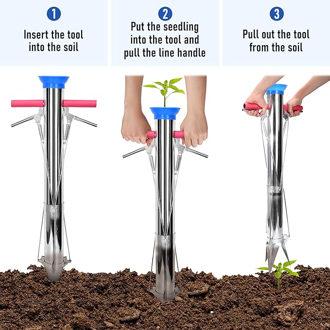 AIWFL Seedling Transplanter Long Double Handled Bulb Planter Tools Vegetable Young Plant Manual Plant Transplanter Stainless Steel Planting Garden Tools