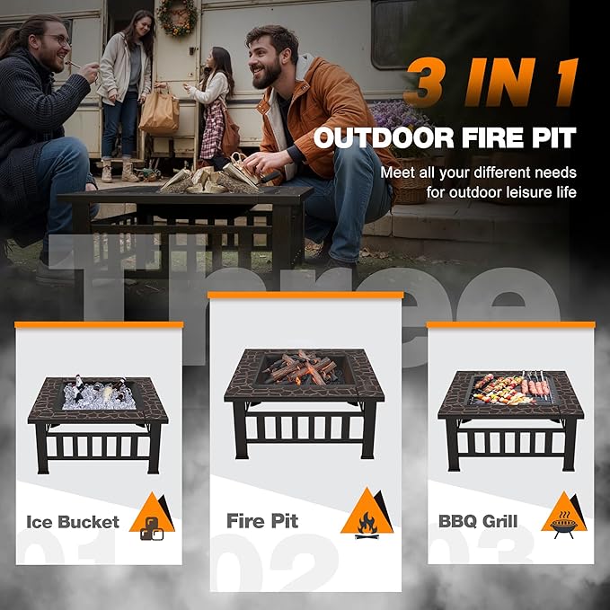 Devoko Outdoor Fire Pit, 32 Inch Firepit Table Metal Outdoor Fireplaces with Waterproof Cover for Outside Patio Camping (Copper)