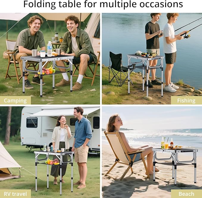 Folding Camping Table, Aluminum 24" x 16" Adjustable Height Small Folding Table with Carrying Handle, Lightweight, Portable Camping Table Waterproof for Outdoor Indoor Picnic Beach BBQ (Black)