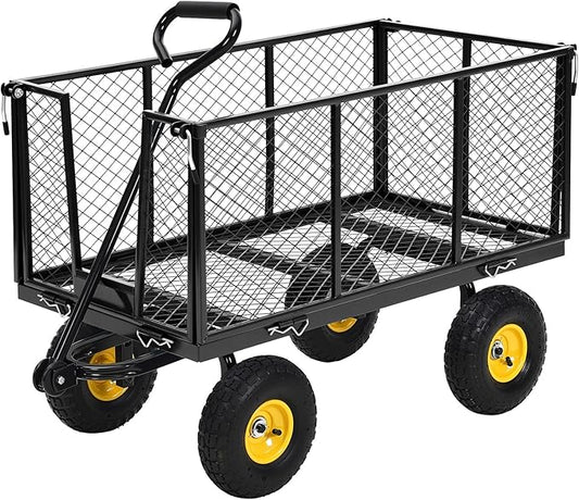 Heavy Duty Steel Garden Cart, 1100LBS Pullable Metal Garden Wagon with 10" Wheels, 180° Rotating Handle and Removable Sides for Outdoor, Farm, Yard, Beach ﻿