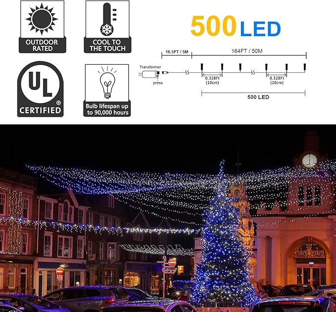 164ft 500 LED Blue White Christmas Lights Outdoor,8 Modes String Light Indoor Bedroom,Clear Wire Twinkle Lights Plug in for Christmas Outside Tree Yard Wedding Decorations(164FT,Blue&White)