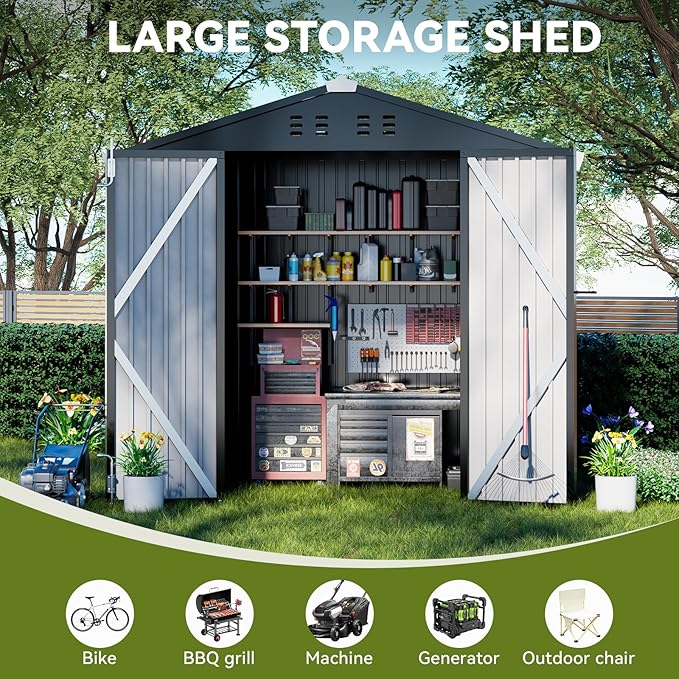 COMHOMA Shed Outdoor Storage Shed Metal,Lockable Doors Tool Sheds with Sloping Roof,Steel Garden Shed with Air Vent for Backyard,Patio,Lawn,Poolside (Dark Grey, 6x4)
