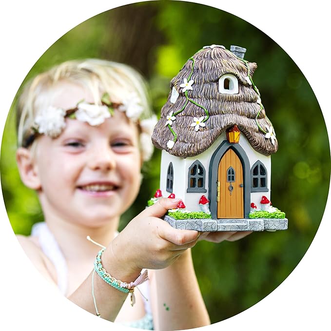WILD PIXY Fairy Garden House - Glow in The Dark Fairy Cottage with Opening Door and Solar LED Light, Beautiful Miniature Garden Decoration for Indoor or Outdoor Fairy Gardens - 7.1" Fairy House