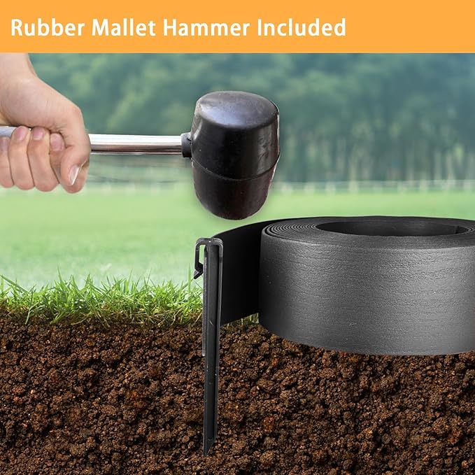 Landscape Edging Kit, Include 4 Inch High 120 Feet Length Terrace Board, 60 Durable Spikes, Edging Pruning Shear, Rubber Mallet Hammer, Black