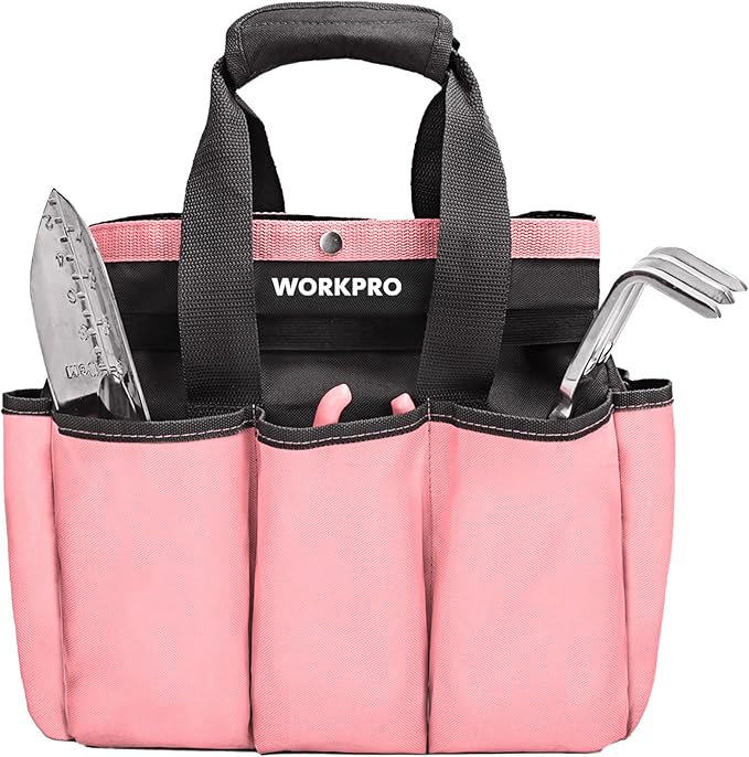 WORKPRO Garden Bag, Garden Tool Tote Storage Bag with 8 Pockets, Home Organizer for Outdoor Gardening Caddy, Garden Tool Kit Holder (Tools NOT Included), Pink Ribbon, Garden Gifts
