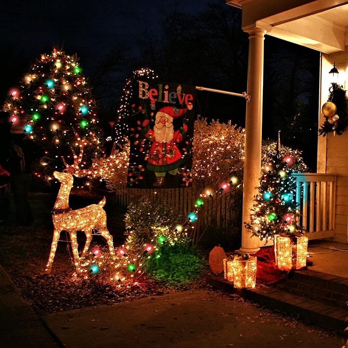 C7 Christmas Lights Multicolor 25Ft Outdoor Patio String Light with 27 LED Clear Multicolor Bulbs, Vintage Christmas Lights for Outdoor Roofline Xmas Garden Wedding Party Decorations- Green Wire