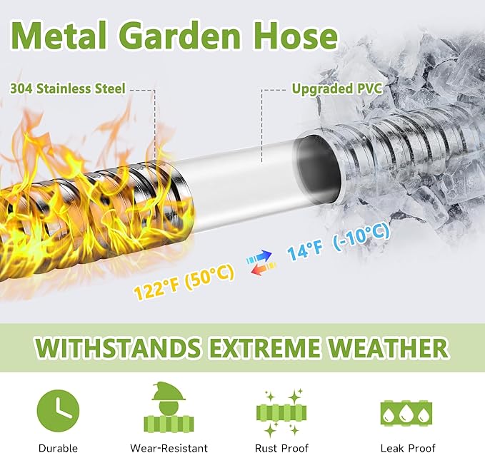 304 Stainless Steel Garden Hose 75FT-2025New Upgraded Metal Expandable Hoses With Nozzle And 3/4 Solid Fitting, Sturdy and Lightweight, Kink-Free, Rust Proof &Ultra-Durable Water Hose For Yard Camper