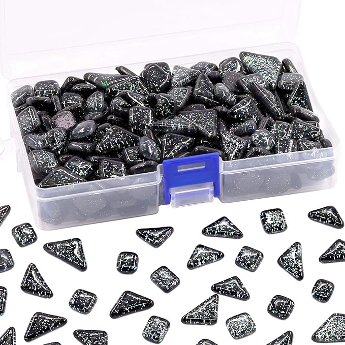 Swpeet 1 Pound Black Shine Crystal Series Mosaic Tiles Assortment Kit, Square and Triangle Genuine Mosaic Tiles Glitter Crystal Mosaic Perfect for Home Decoration Crafts