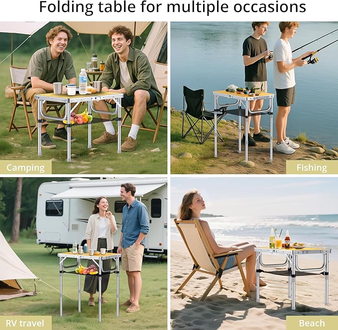 2ft Camping Table Foldable, 3 Adjustable Heights High 27.5" Aluminum Small Folding Table with Carrying Handle, Portable, for Outdoor Indoor Picnic Beach BBQ Party Travel, 24" x 16", Yellow