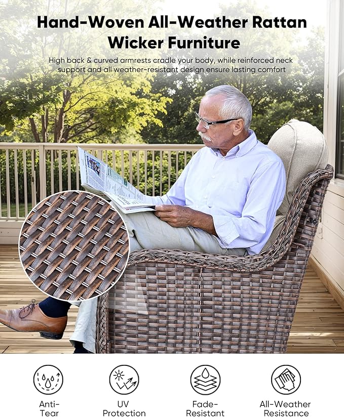 HUMMUH Wicker Patio Furniture Set 6inch Thick Cushion Deep Seat Outdoor Swivel Rocker Patio Chairs Set of 2 with Ottomans Conversation Set for Porch Garden Deck