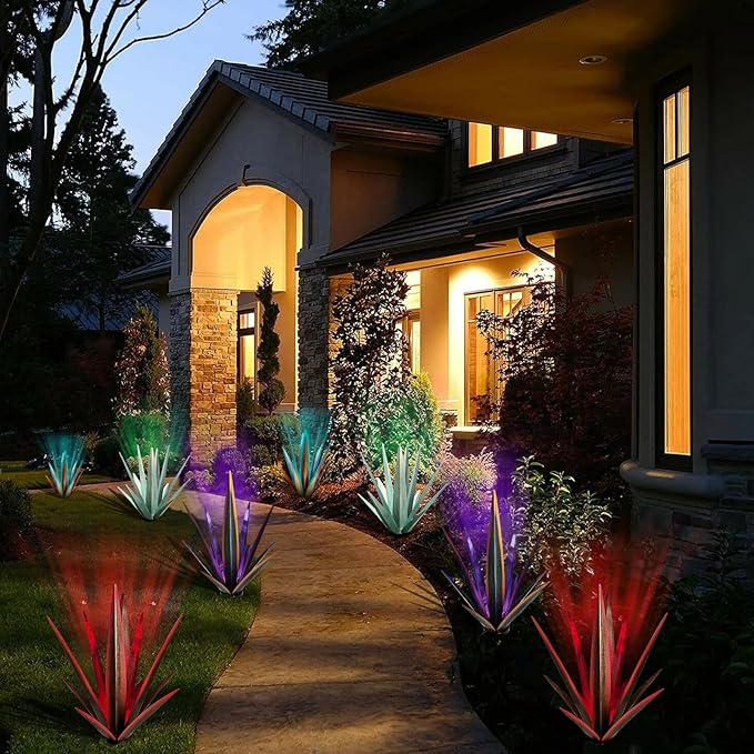 Large Tequila Rustic Sculpture, Rustic Metal Agave Plants for Outdoor Patio Yard, Home Decor Hand Painted Metal Agave Garden Yard Statue, Outdoor Lawn Ornaments (Mint Green - L (W/ Solar Light))