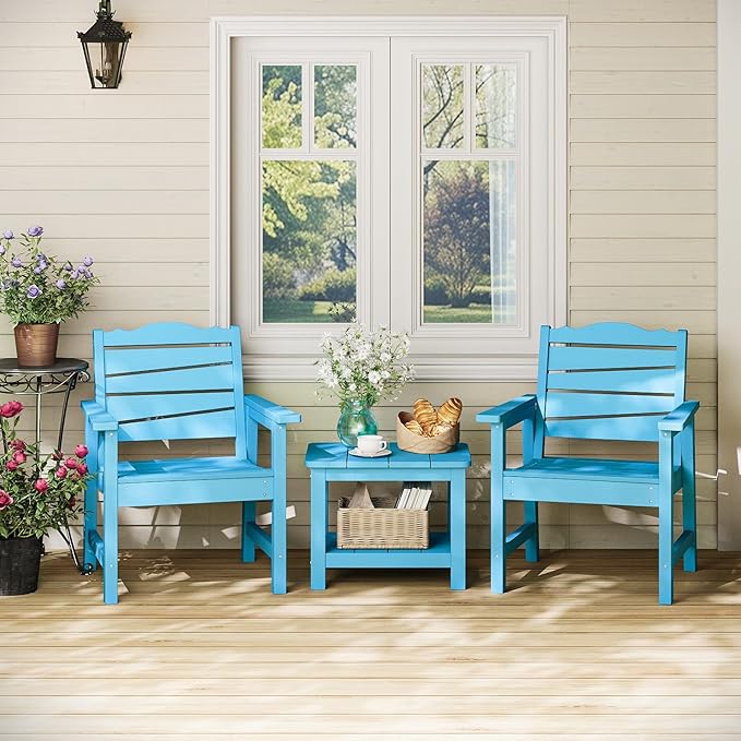 Patio Chairs Set of 2, Weatherproof HIPS Outdoor Dining Chair with Ergonomics Wide Seat, 400lbs Capacity Outdoor Chairs for Garden, Porch, Lawn & Backyard, Lake Blue