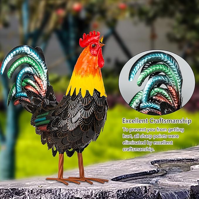 XONOR Metal Rooster Statues, Garden Chicken Decorations, Outdoor Chicken Sculpture, Metal Yard Rooster Artwork for Outdoor, Patio, Backyard and Home Kitchen Decoration (1pc, Dark Brown)