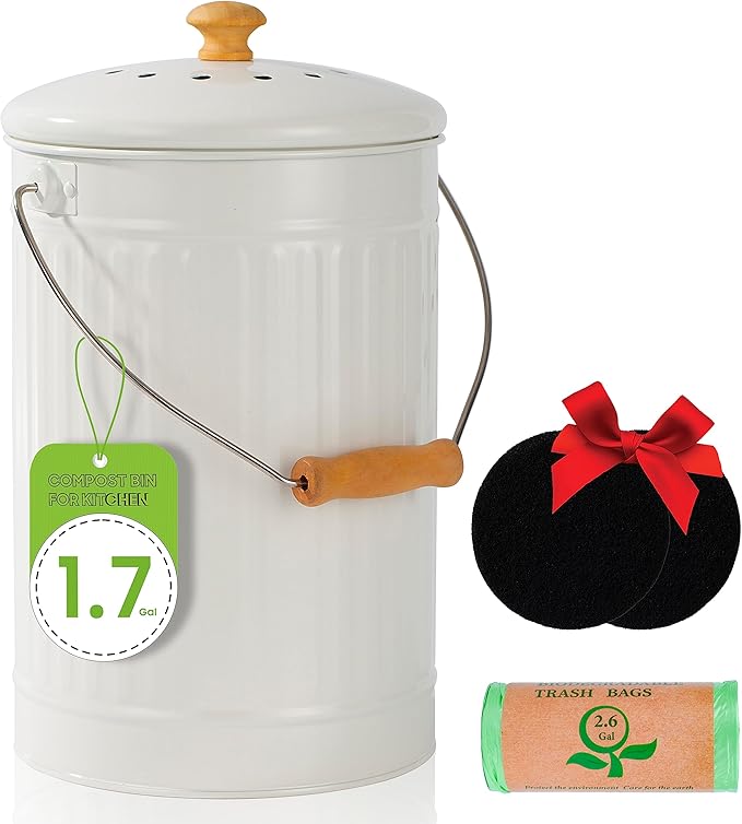 1.7 Gallon Kitchen Compost Bin, Indoor Countertop Compost Bin with Lid, 100% Rust Proof Compost Bucket with Non-Smell Charcoal Filters (White)
