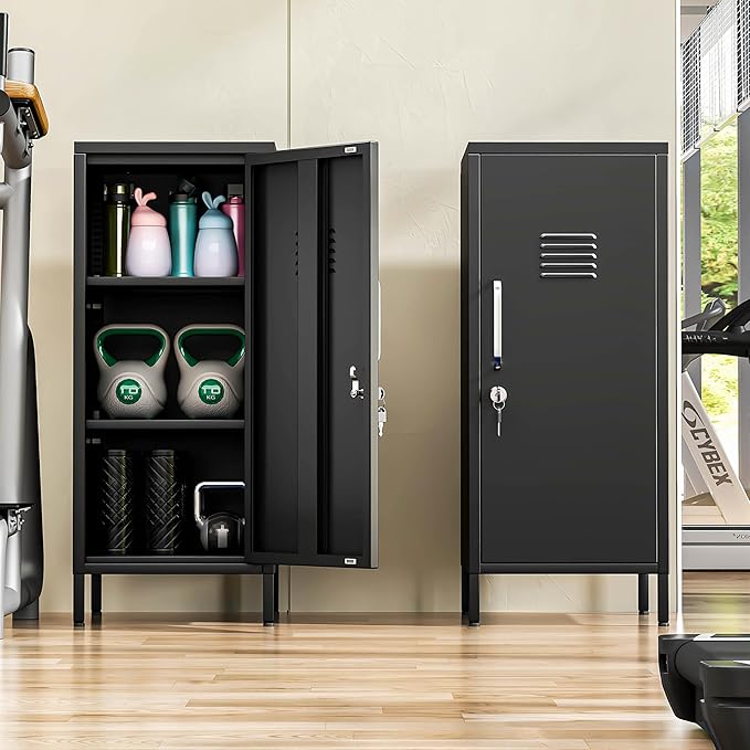 35" Metal Storage Locker, Lockable Employees Metal Locker with Door and Adjustable Shelves, Steel Locker for Home, School, Office, Gym (Black)