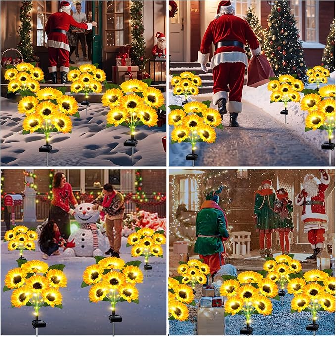 Solar Lights Outdoor Garden Decor,4 Pack with 24 Sunflower Lights,Solar Flowers Lights Waterproof,Sunflowers Gifts for Mom Women Grandma Birthday,Decorative Stakes Lights for Yard Patio Lawn