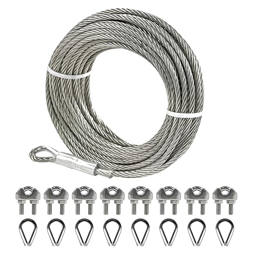 1/4" Stainless Steel Cable, 25FT Wire Rope with Clamps and Thimble, 7X19 Strands Aircraft Cable for Zipline, Outdoor, Deck Railing, Heavy Duty Applications, Hanging, 6400lbs Breaking Strength