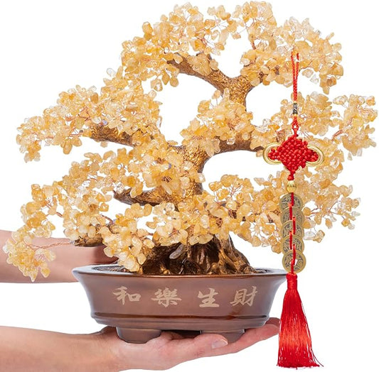 Natural Large Citrine Tree,14"Feng Shui Money Tree(1251 Gemstone Count)Citrine Crystal Tree for Abundance Prosperity Success Fortune Decoration Tree Bonsai for Home & Office Good Luck Wealth