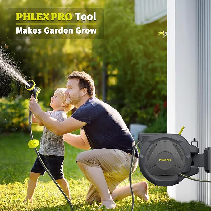 Retractable Garden Hose Reel 5/8 in x 115 ft Heavy Duty Automatic Water Hose Reel Wall Mounted with 10 Pattern Nozzle,Any Length Lock, Slow Return System, 180°Swivel Bracket