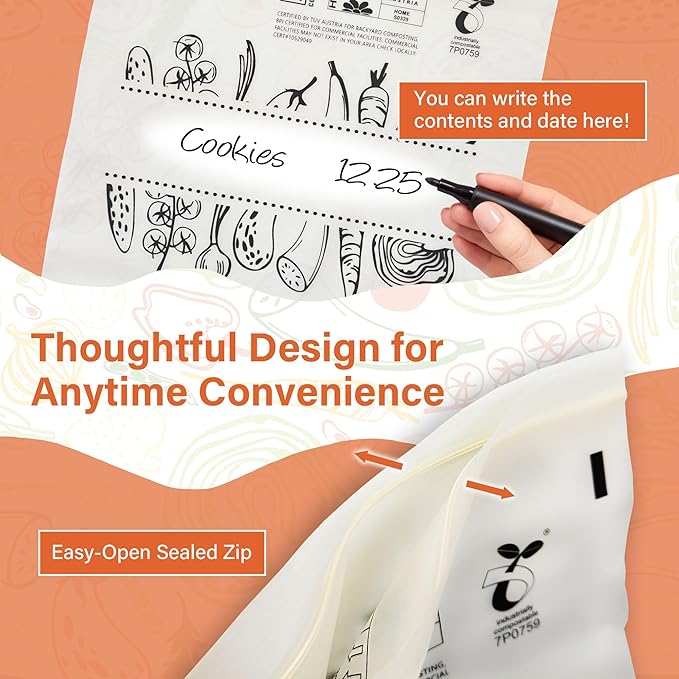 Compostable Food Storage Bags, Resealable Sandwich Bags, 100 Count, 6.7 x 6.8 inches, Extra Thick and Reusable, Eco-Friendly, Certified US BPI ASTM D6400 Europe OK Compost