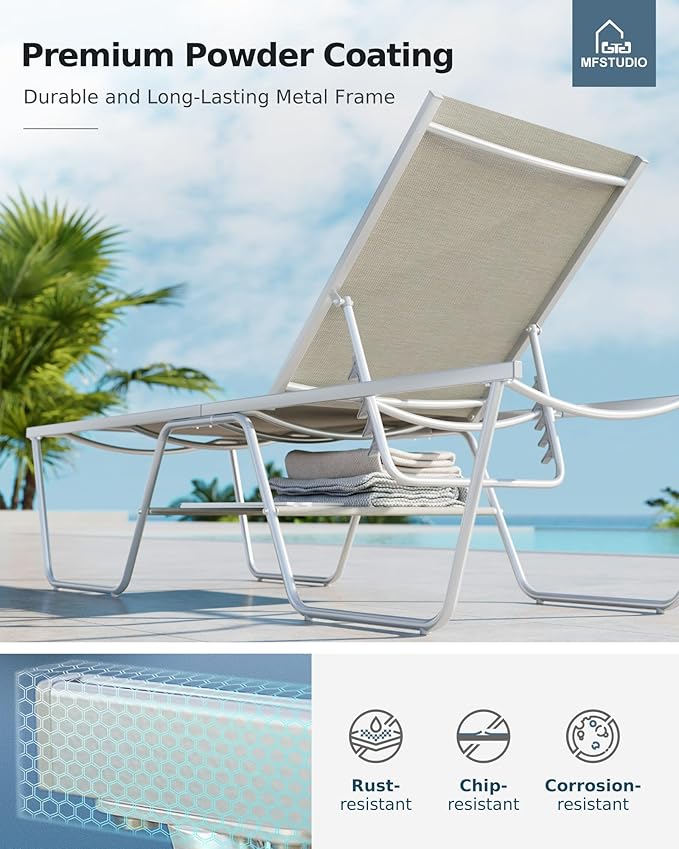 MFSTUDIO Outdoor Chaise Lounge Chair, Patio Recliner Lounge Chair with 5 Adjustable Positions, Patio Pool Tanning Lounger Chair, Textilene, All Weather Use