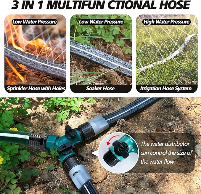 Sprinkler Hose with Holes, Flat Soaker Hose 100 Ft (25 ft 4pack) with Garden Staples and Splitters, Watering Drip Irrigation Hoses for Lawn, Vegetable and Garden Beds (100 ft)