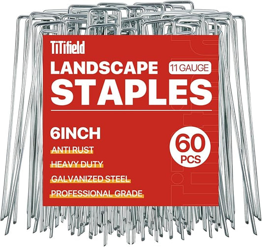 60 Pack 6 Inch Garden Stakes - Sturdy Landscape Staples with Metal Tarp Pins, Lawn Ground Stakes, Tent Stakes, and Yard Staples for Anchoring Sod, Landscape Fabric, and Irrigation Tubing
