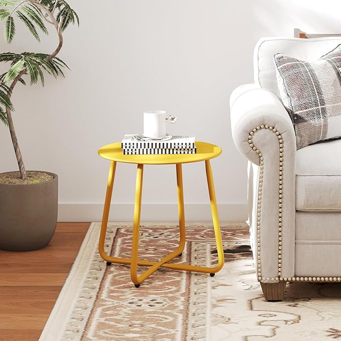 HollyHOME Round Metal Side Table, Rust-Resistant Patio Small Plant Stand, Outdoor 17.32'' Portable End Table for Balconies, Gardens, Living Rooms and Bedrooms, Yellow