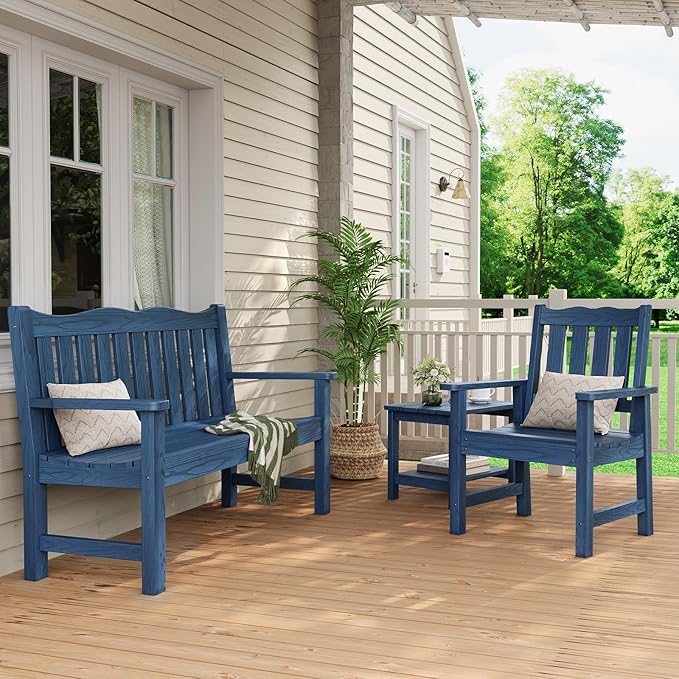 Stoog Outdoor Chairs & Bench Set, All-Weather Patio Furniture Set, Include 2 Patio Chairs and 1 Bench, Blue