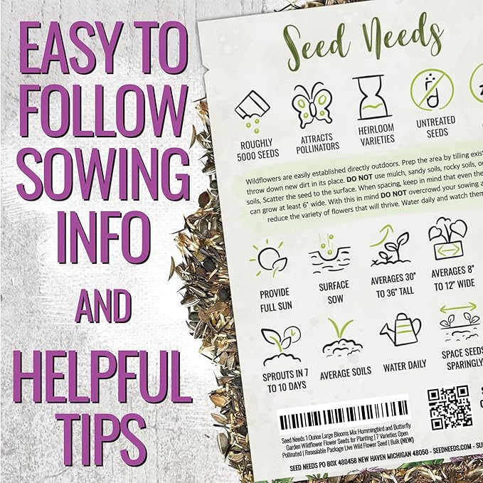 Seed Needs Garden Flower Seeds Large Blooms Mix Hummingbird and Butterfly | 5 Packs (1 Ounce Each) No Filler 7 Varieties Open Pollinated | Resealable Package Live Wild Flower Seed | Bulk