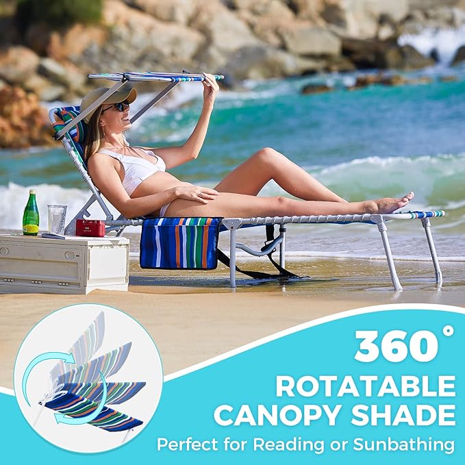 #WEJOY Folding Lounge Chair with Canopy Shade, Portable Adjustable 5-Position Patio Chaise Lounger with Pillow & Storage Pocket for Lay Flat Outdoor Lawn Backyard Beach Camping Pool Tanning