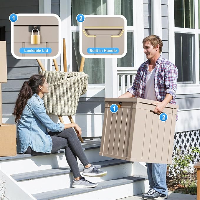 50 Gallon Waterproof Outdoor Storage Box,Resin Deck Box,Lockable Outside Storage Box Container for Patio Furniure,Garden Tools (50 Gallon,Grey)