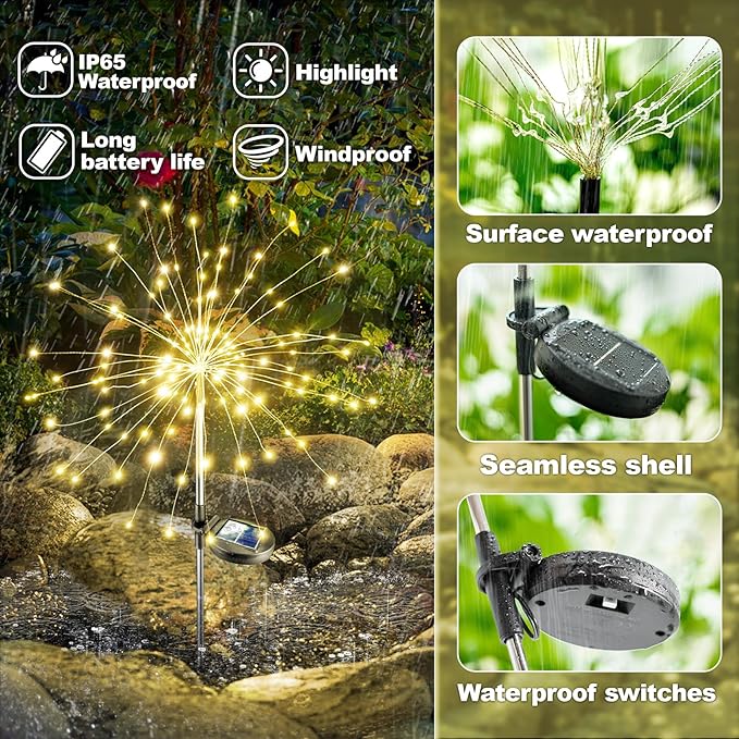 Anordsem Solar Lights Outdoor Waterproof: Garden Light Solar Powered for Yard Outside - Sparkler Fireworks Twinkle Lighting Path Decor 2 Pack - LED Starburst Gardening Gifts for Women Mom Wife
