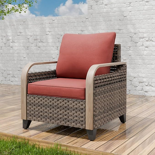 EAGLE PEAK Modern Wicker Outdoor Chair, Patio Chair Curved Armrest, Rattan Patio Furniture for Yard Deck Porch Garden, 1 Chair, Brown/Red