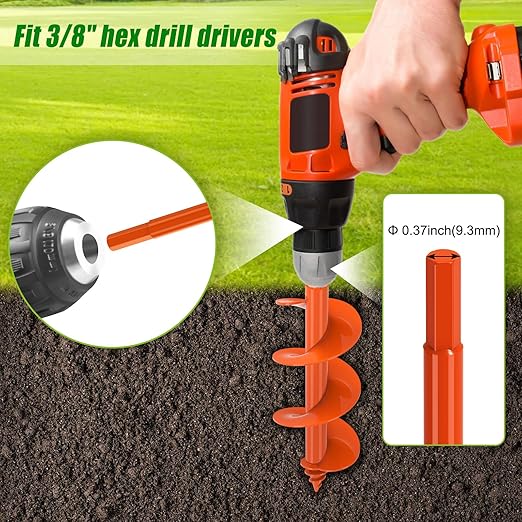 Threaded Auger Drill Bit for Post Hole Digger 4x12'', 3mm Thick Spiral Garden Earth Auger Bulb Drill Bit for Planting, Hole Digger for Fence Posts, Fits 3/8" Hex Drive Drill