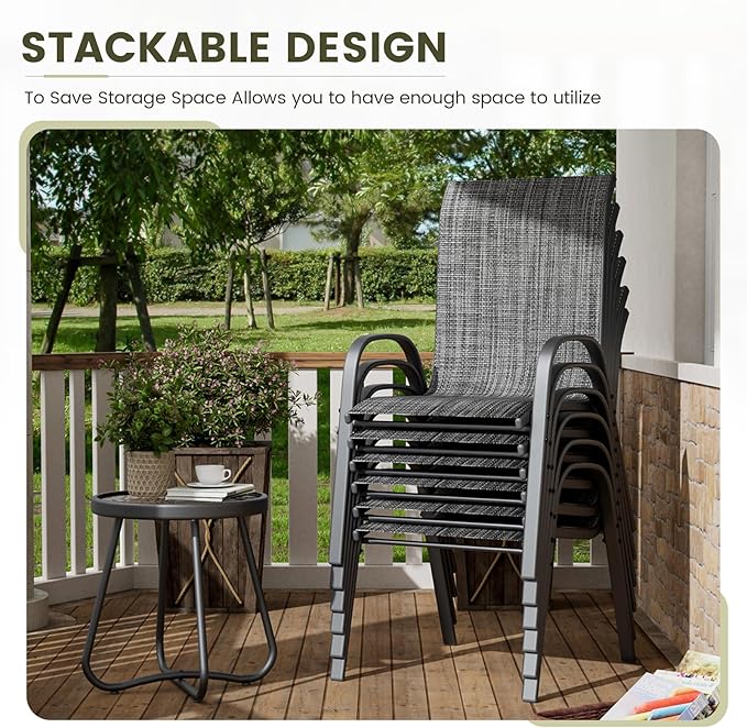 UDPATIO Patio Chairs Set of 6, Stackable Outdoor Dining Chairs with High Back, Breathable Textilene Fabric Outdoor Chair All Weather, 350LBS Capacity for Garden, Backyard (Dark Grey)