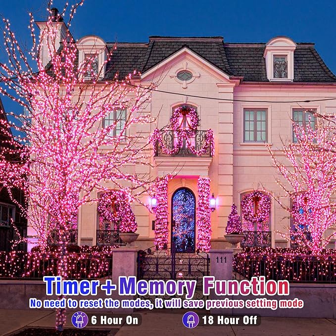 200 LED Pink String Lights, 66ft Pink Christmas Lights Outdoor Waterproof 8 Modes Clear Wire, Connectable Plug in Twinkle Fairy Lights for Bedroom Indoor Wedding Christmas Decorations