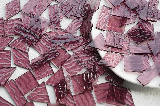 200G Large Size Transparent Glass Mosaic Tiles for Crafts, 4 Shapes Textured Cathedral Stained Glass Mosaic Pieces for Mosaic Art Decor, Mauve