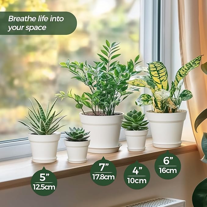 T4U 5 Inch Plant Pot 8-Pack, Plastic Pots with Drainage Hole and Saucer, Decorative Flower Pots Bulk for African Violet, Snake Plant, Succulent and All House Plants Indoor (8pcs 5" Pots, White)