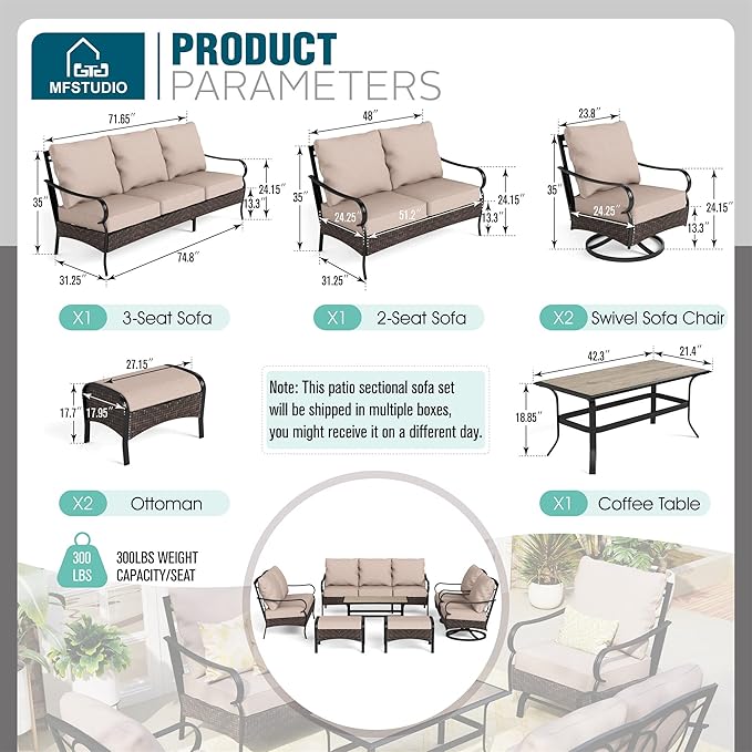 MFSTUDIO Outdoor Patio Furniture Set, 7 PCS Metal Patio Conversation Sets for 9, Modern Patio Sectional Set with 3-Seat Sofa, Loveseat, 2 Swivel Sofa Chairs, 2 Ottoman, 1 Coffee Table