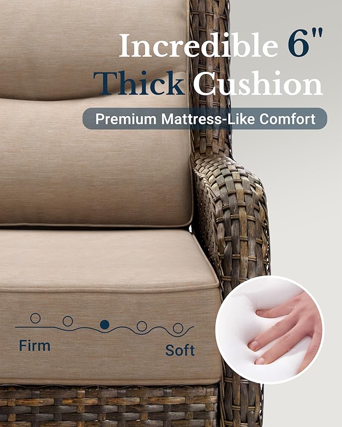 HILLGA Luxury Patio Furniture Set with 6-inch Thick Cushion, Outdoor Loveseat and High Back Swivel Rocker Patio Chairs, 6PCS Wicker Conversation Set for Deck Yard and Poolside, Beige (V2)