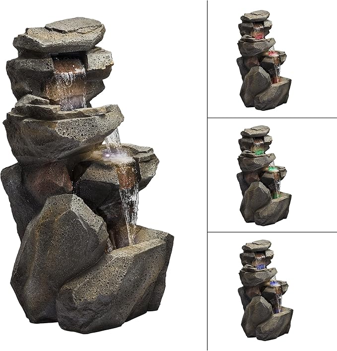 Alpine Corporation WIN1184 40" 3-Tier Outdoor Rock Waterfall Floor Fountain with Color-Changing LED Lights, Cascading Water Feature for Gardens, Patios, and Yards, Gray