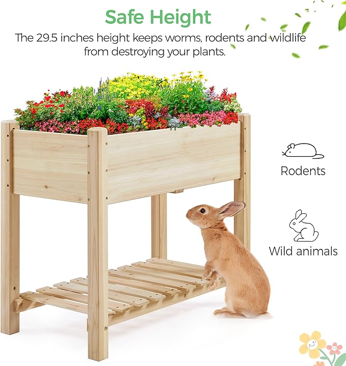 Yaheetech 34x18x30in Raised Garden Bed, Planter Box with Legs & Storage Shelf, Wooden Elevated Vegetable Growing Bed for Backyard, Patio, Balcony