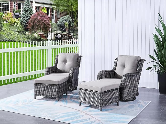 HUMMUH 6 Pieces Outdoor Patio Furniture Set Wicker Swivel Patio Chairs with Ottomans 2 Seater Outdoor Sectional Sofa/Patio Loveseat with Coffee Table