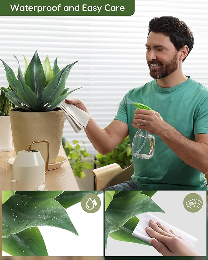 Velener Artificial Outdoor Agave Plants, Outdoor Faux Plants with Broad Leaves, Small Size UV Resistant Fake Agave Plants for Indoor and Outdoor Decor(14 Inch)-2 Pack